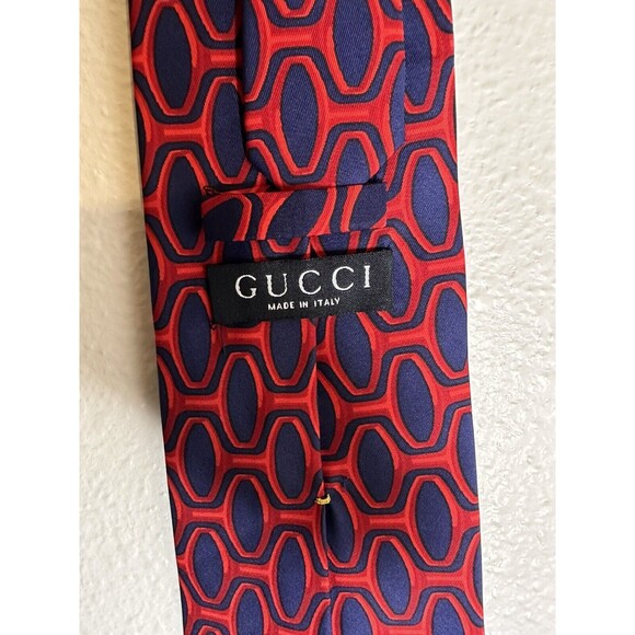 Gucci Red Blue Silk Tie All Over Print Oval Geometric - Picture 4 of 5
